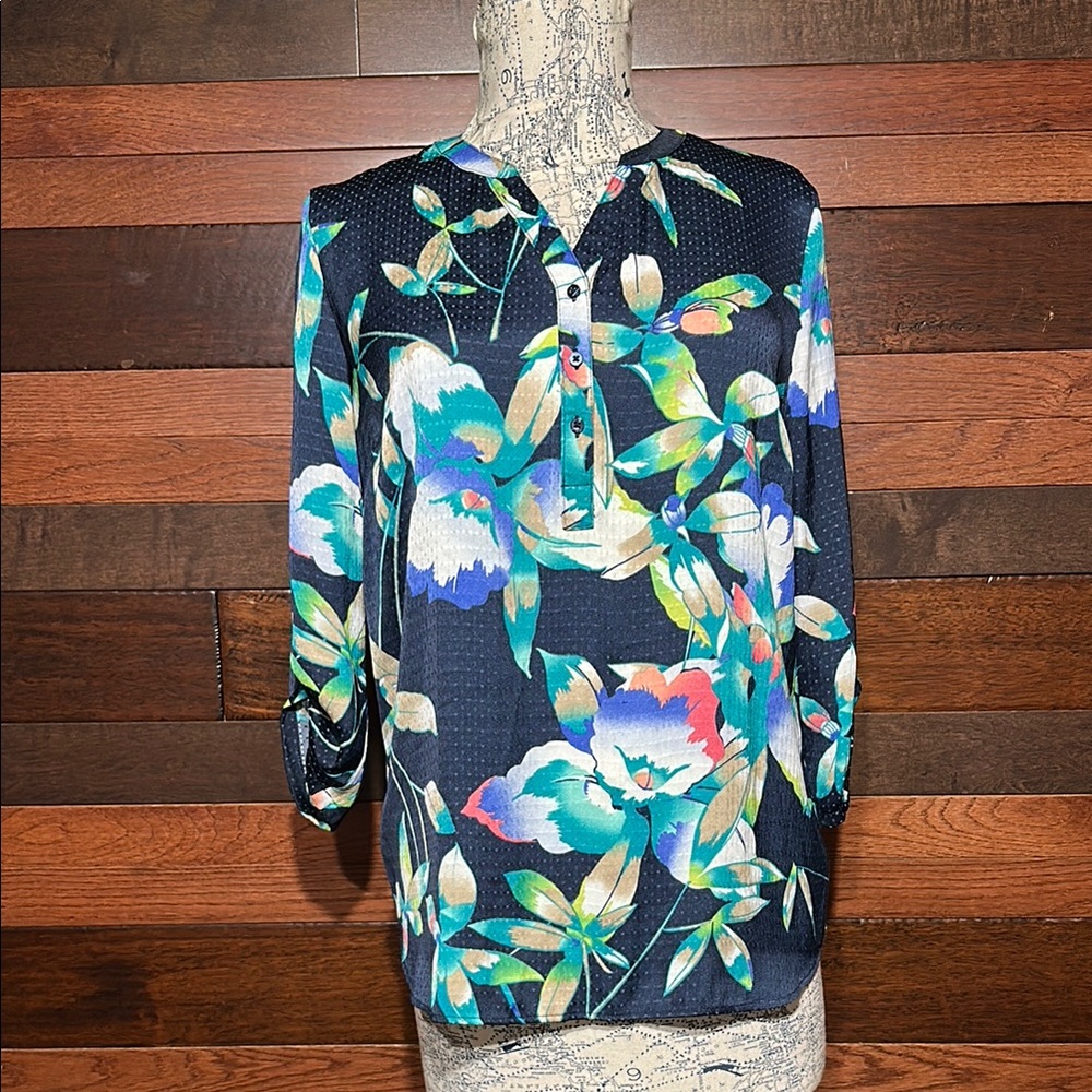Basic Editions Teal and Beige Floral Shirt